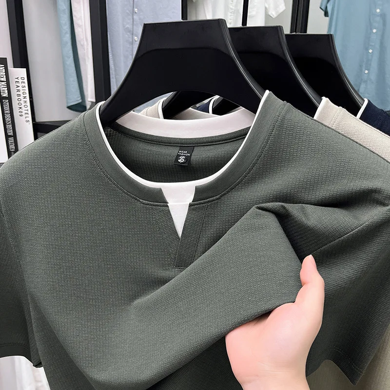 Fake Two Short-sleeved Men's T-shirt 2026 New Casual Comfortable Fashion Summer Crew Neck Bottoming Shirt Men