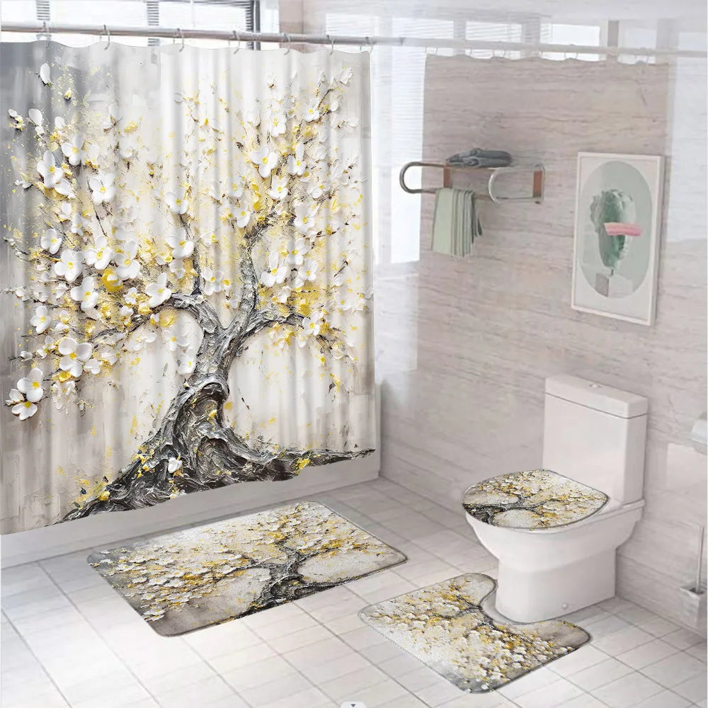 Oil Painting Tree Flower Shower Curtain Set Nordic Art Fabric Bathroom Curtains Anti-slip Bath Mat Toilet Lid Cover Carpet Rug