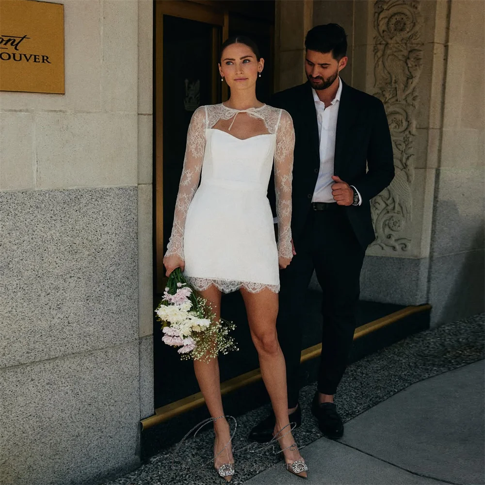 

QICHE Lace Mini Sheath Wedding Dresses Women 2026 Long Sleeves V-Neck Short Party Gown Vestidos De Novia Above-Knee Customized