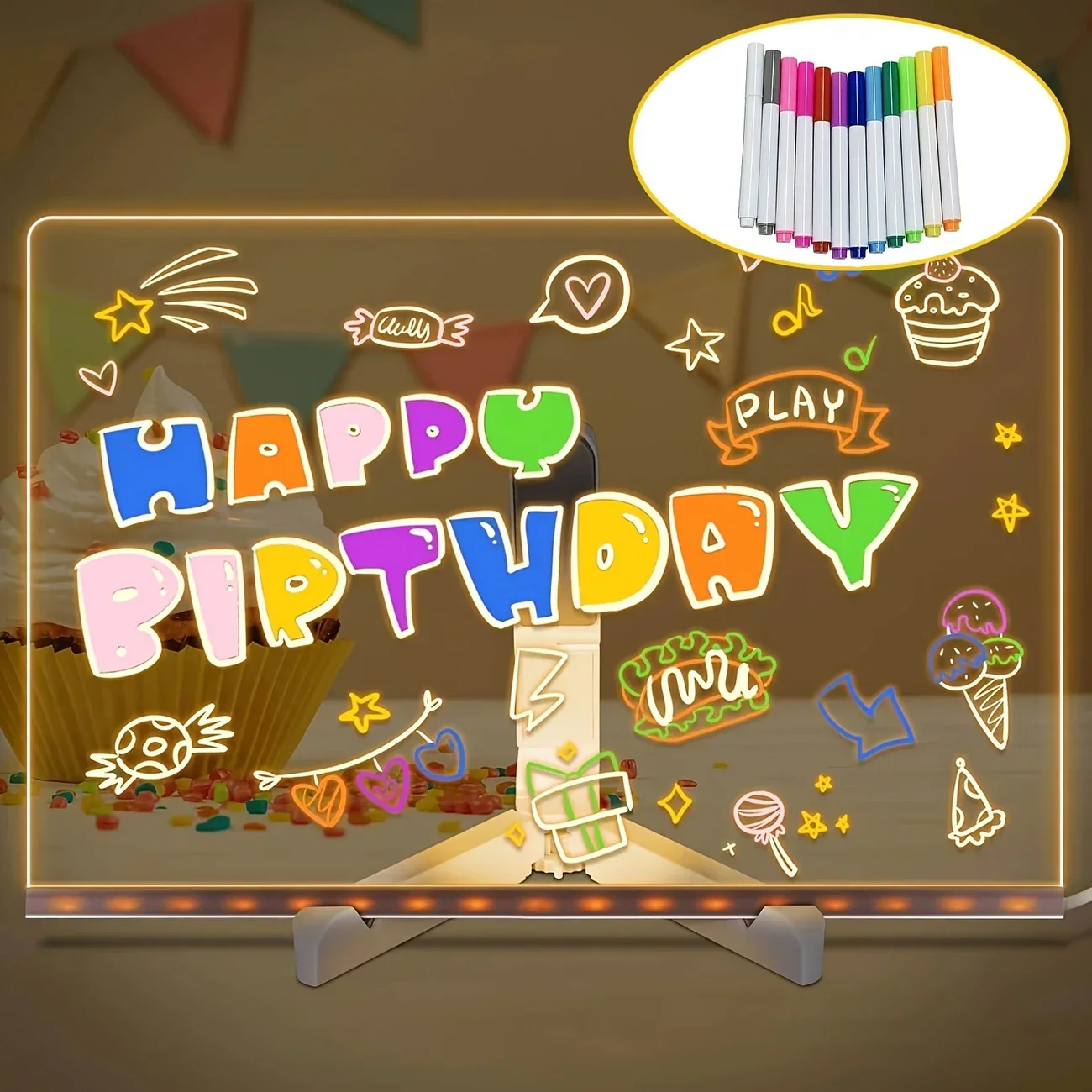 Tablero de notas LED, tablero de mensajes acrílico DIY, tablero de dibujo para niños con luz nocturna, bolígrafos coloridos, regalo de cumpleaños para niños