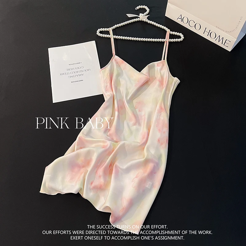 DAIMELU Princess style pajamas girls summer Sleepwear new ice and snow silk sweet sexy suspender pajamas high-end pink nightgown