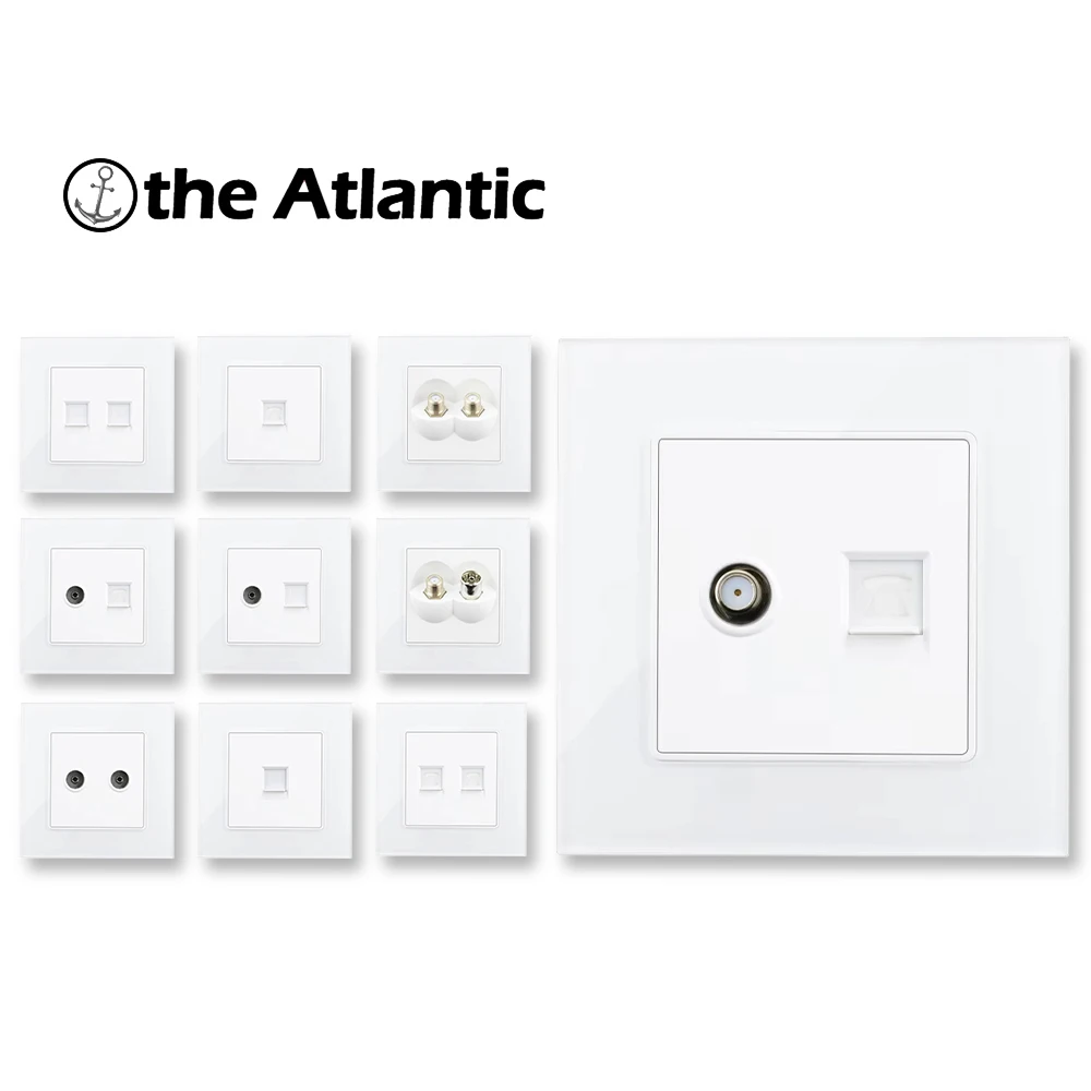 86 Type Computer Data Plug Cat5e RJ45&TV Socket Wall Socket Satellite Antenna TV Signal Telephone Cat3 Socket White Glass Panel