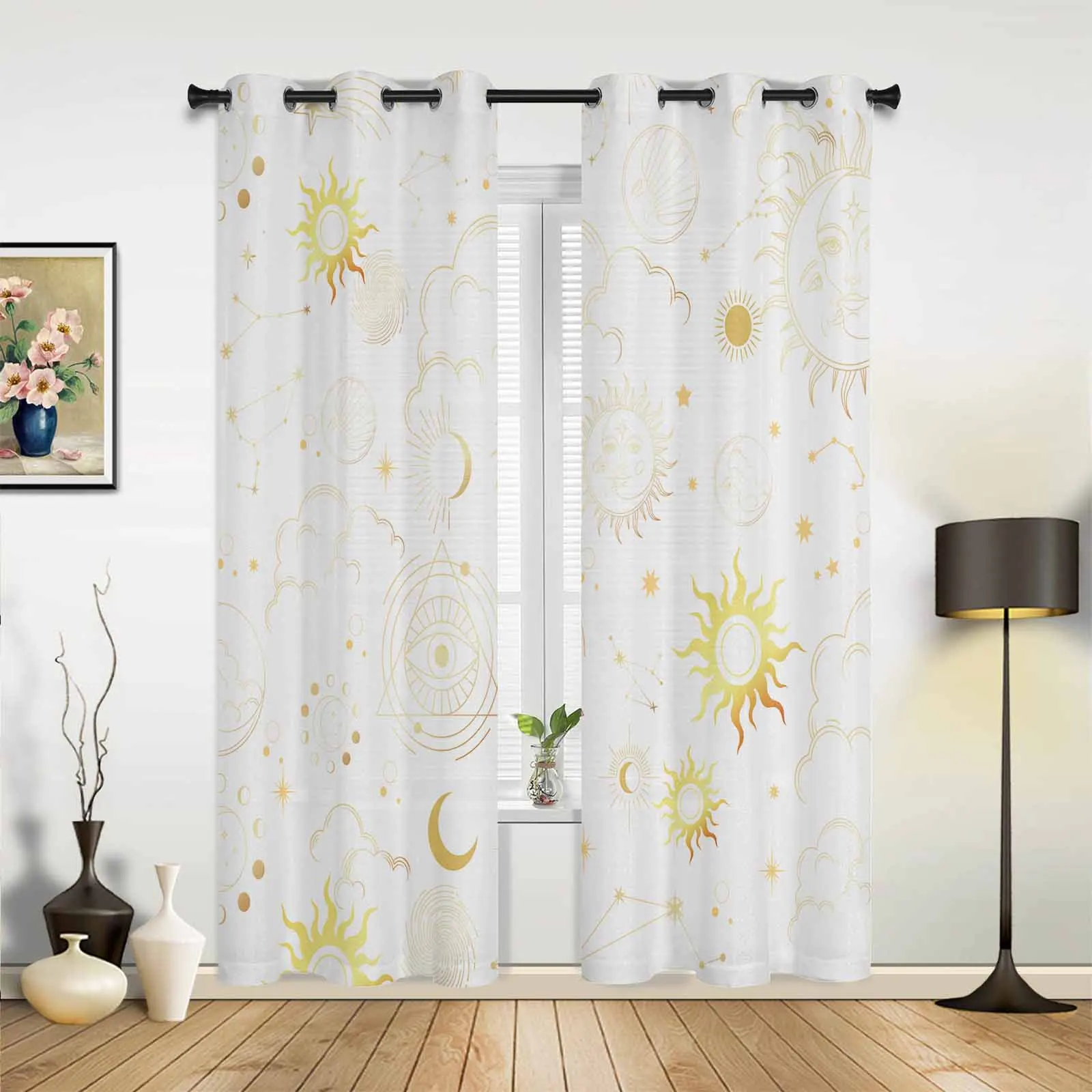 Stars Moon Sun Abstract White Window Curtains for Living Room Luxury Bedroom Curtains Coffee Dining Room Drapes