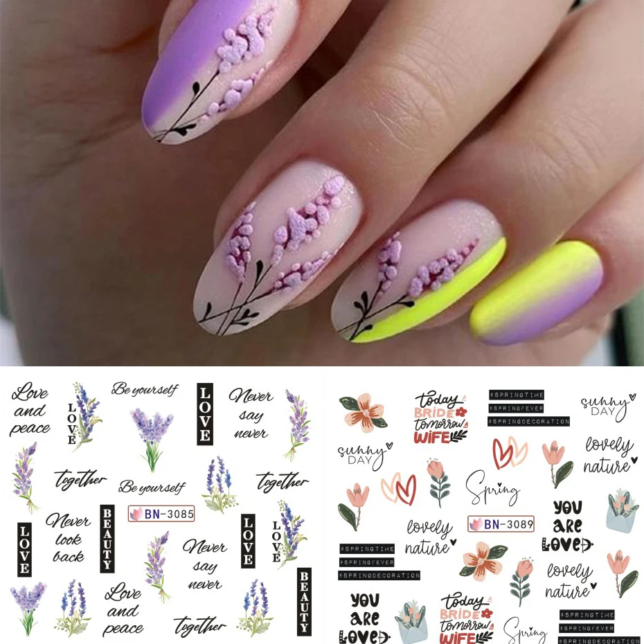 12pcs Black Lines Flower Leaf Water Decals Stickers Spring Simple Plant Women Face Marble Pattern Slider For Nails Art Decor