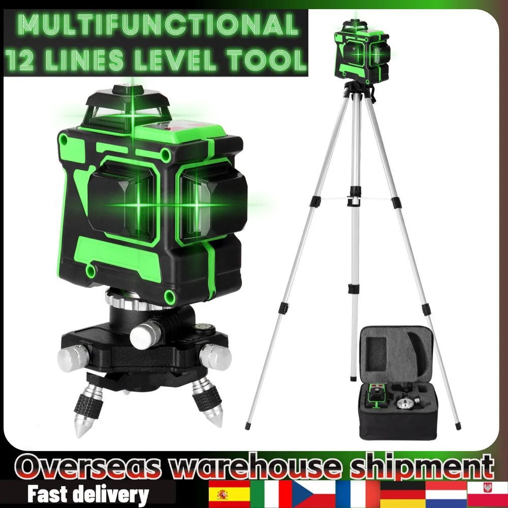 3D 12 Lines Self-leveling Laser Level with 1.5M 3 Heights Adjustable Alloy Extension Bar Tripod Stand&Carrying Bag