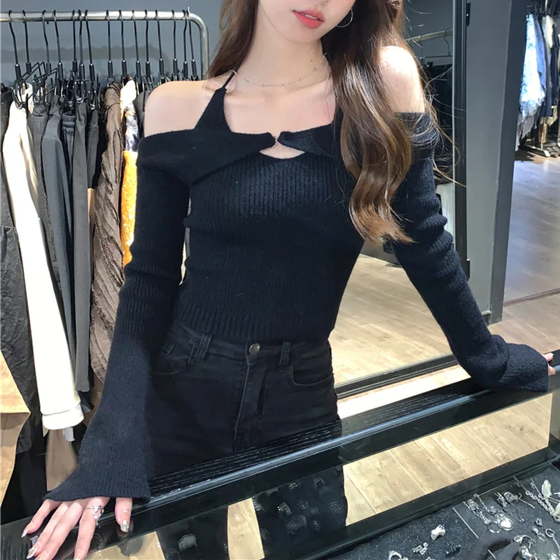 Pure Desire Wind Knitted Suit Women's Halter Neck Suspender Tops Early Spring Sweater Shawl Blouse Temperament Two-piece Set