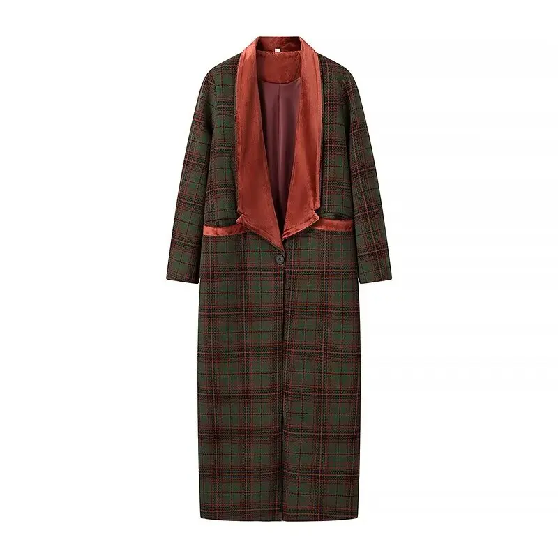 European and American style autumn and winter new suit collar one button long woolen plaid coat