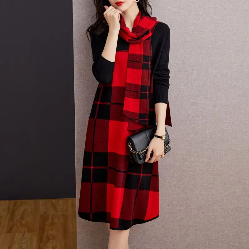 Oversize Loose Women Knitting Sweater Dress 2024 New Female Autumn Winter Clothes Fashion Elegant Plaid O-neck & Shawl Dresses