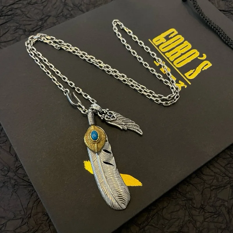 

Japan Tide Takahashi Goros Classic Vintage Blue Turquoise Gold Embellished Feather Pendant Necklace Fashion Couple Versatile