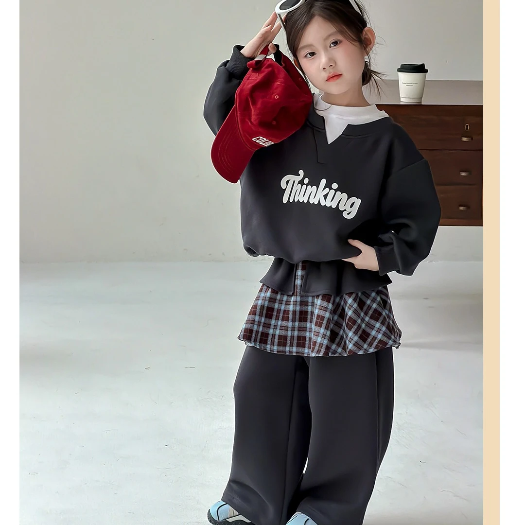 Girls Suit 2026 Autumn and Winter New Children's Clothing Korean Style Girl Baby Fake Two Hoodies Fart Curtain Pants Two Sets
