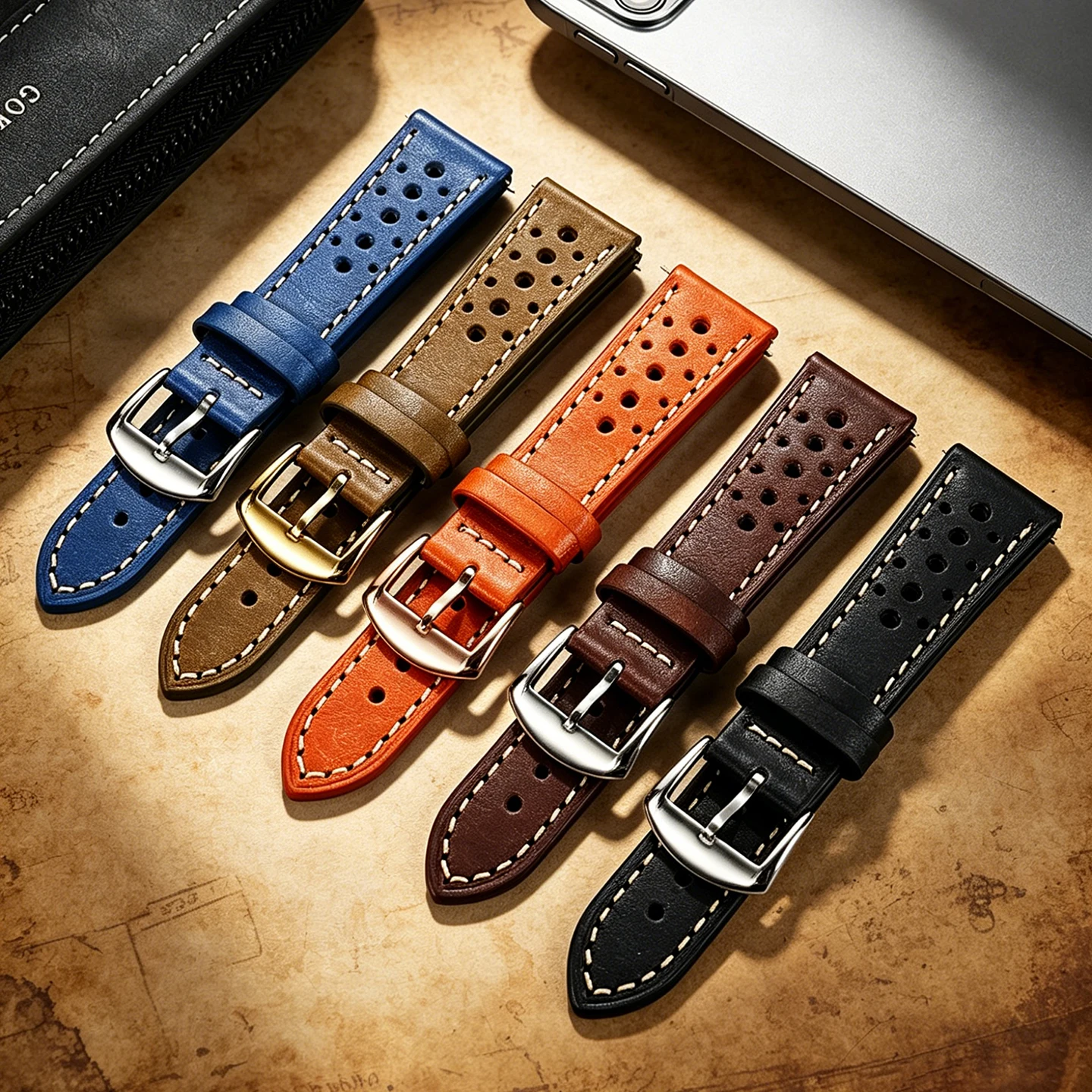 

Italian Cowhide Leather Strap Ventilated Design 19mm 20mm 22mm Black olive green Brown Men's Bracelets Universal any watch