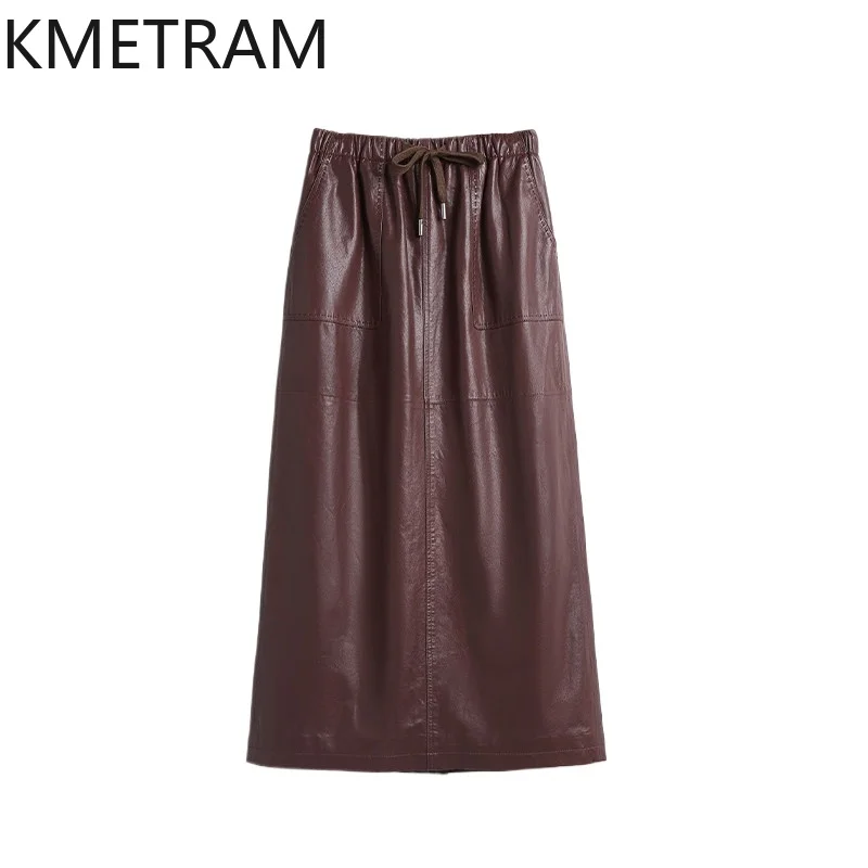 KMETRAM Ultra-thin Vegetable Tanned Sheepskin Genuine Leather Skirt Pencil Skirts for Woman Elegant Slim Midi Skirt Юбка Женская
