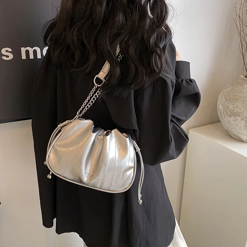 

New Pleated Shoulder Bag Korean Style Fashion PU Leather Crossbody Chic Design High-End Chain Bags for Women Underarm Handbags