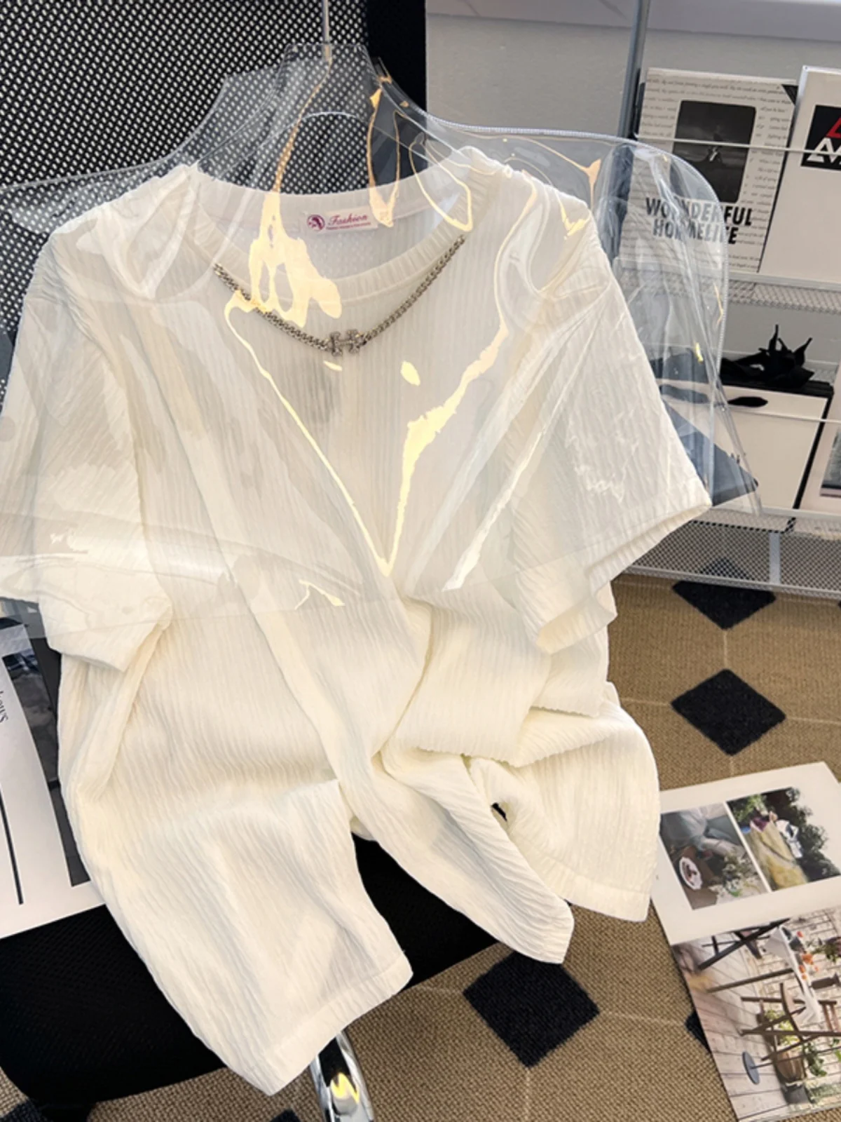 

plus Size Women's T-Shirt Summer New Simple Design Loose Short Sleeve Slit Top High Waist Korean Style Commute Wind Regular S...