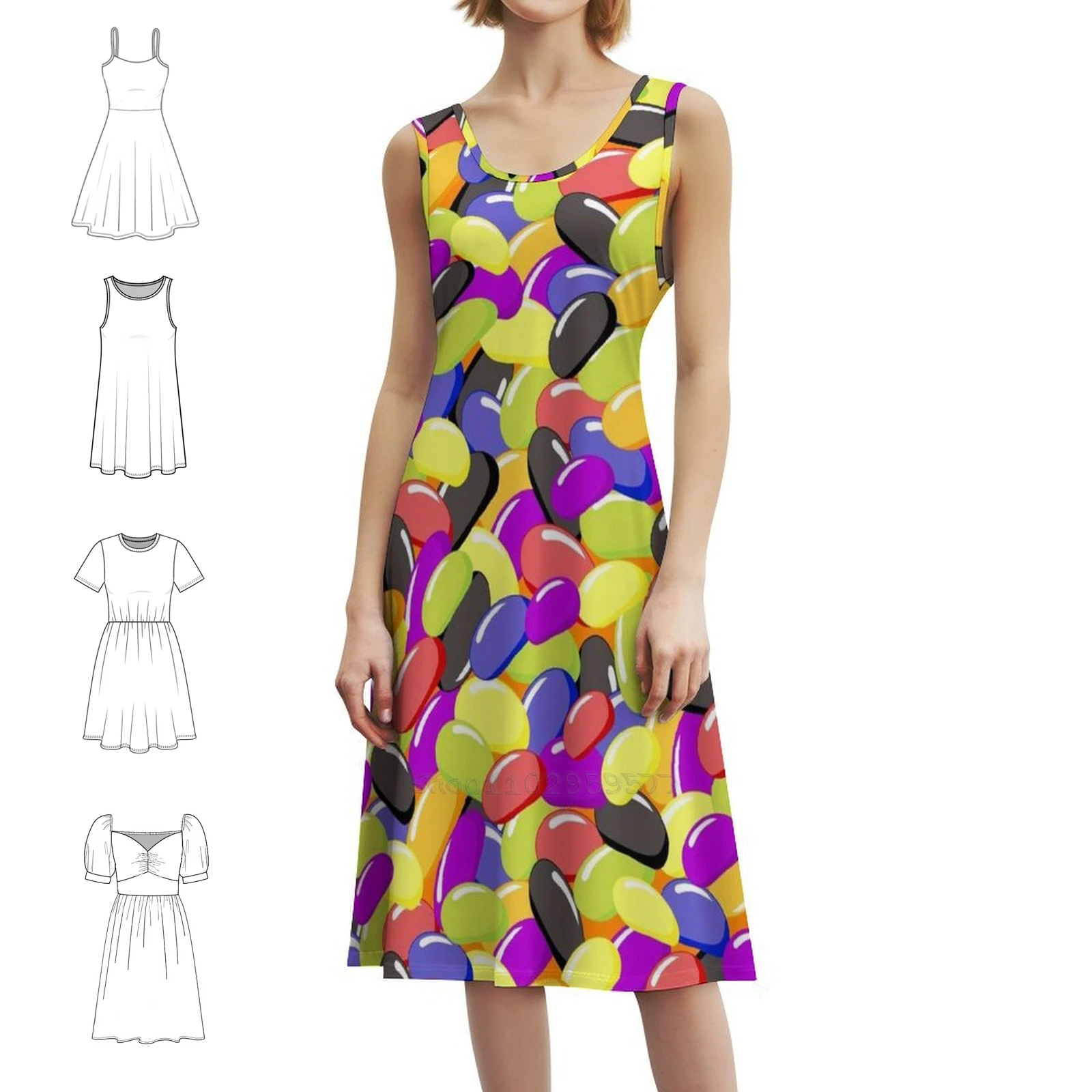 فستان جيلي بينز رينبو كاندي بوهيمي بدون أكمام للنساء مطبوع عليه فساتين حفلات الشاطئ كاندي رينبو جيلي بينز لطيف حلو