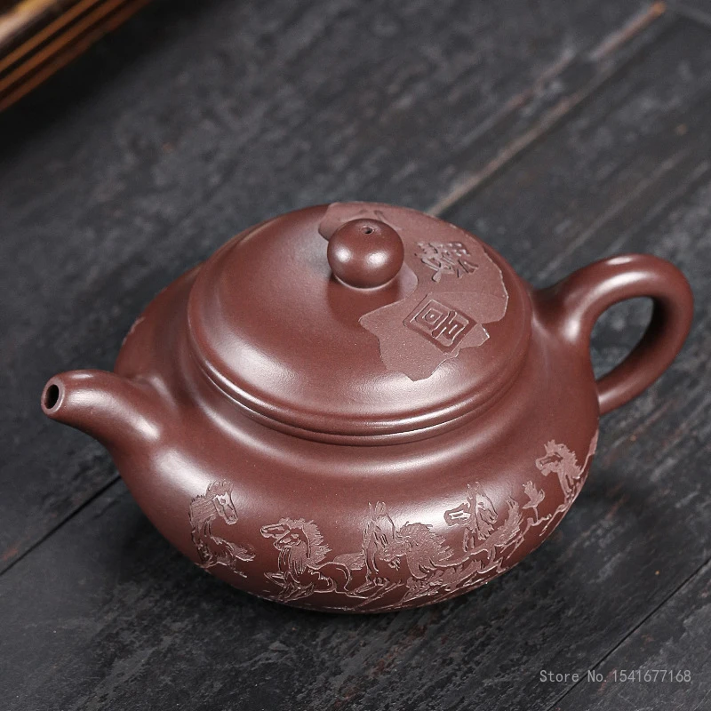 

350CC Handmade Kettle Yixing Purple Clay Carving Patterns of Eight Horses Teapot Puer Tea Set Kung Fu Zisha Teaware Chinese, 1Pc