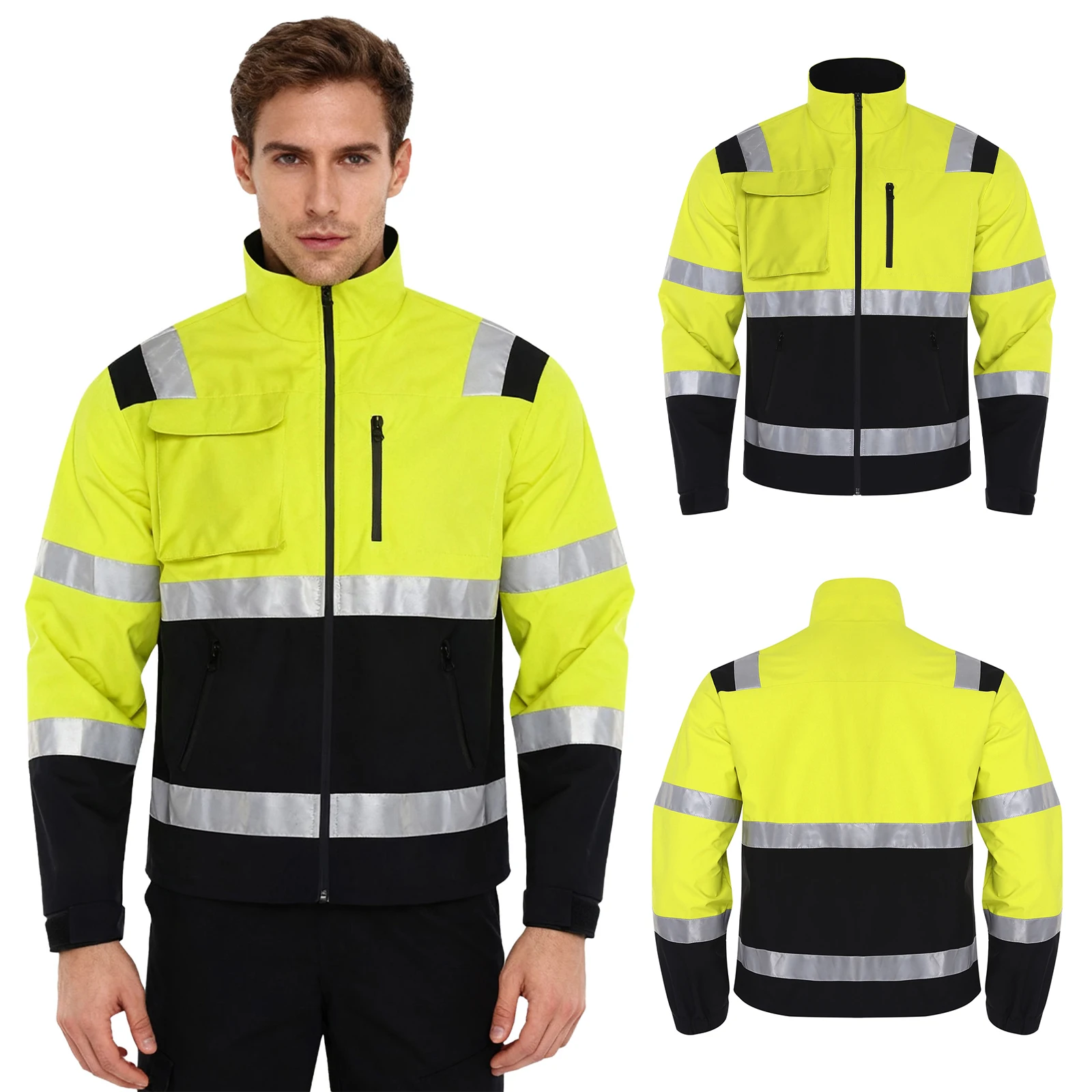 سترة رجالي بشريط عاكس عالي الوضوح مقاومة للماء ملابس خارجية وياقة واقفة وأكمام طويلة وسحاب مع جيوب
