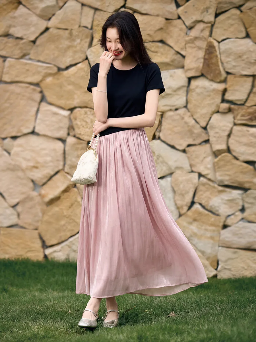 

Summer 2026 Women's Knitted Splice Color Block Shiny Silk Dress Slimming round Neck Maxi Skirt Casual A-Line Dress Polyester ...