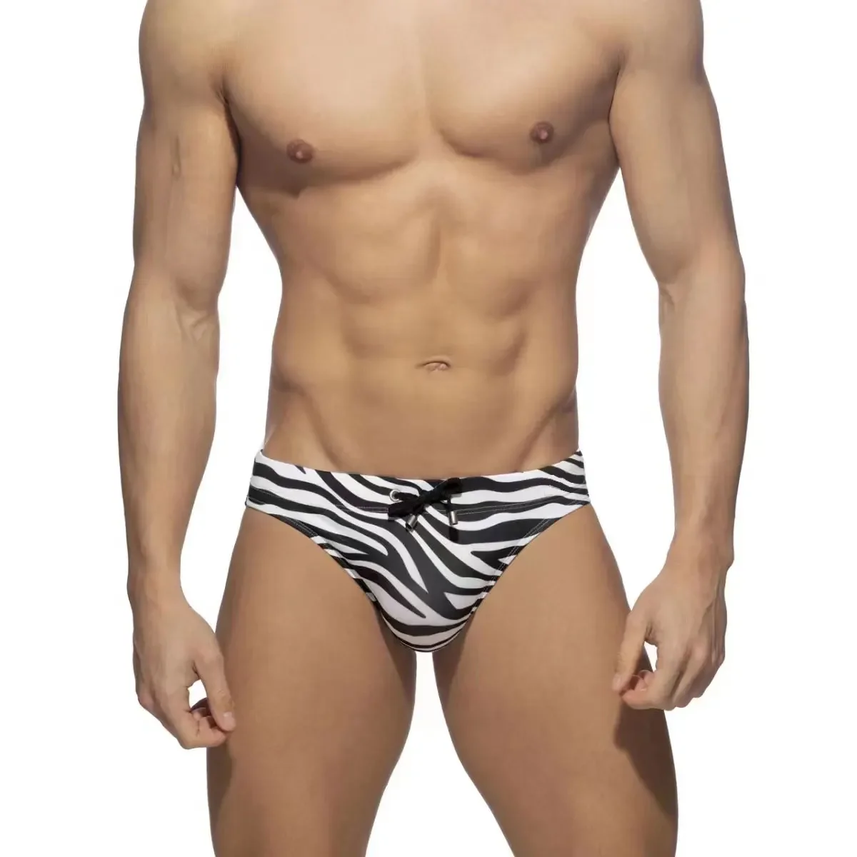 Men's Sexy Low Rise Bikini Swimsuit Swimwear Quick Dry Zebra Swim Briefs Contour Pouch Drawstring Bathing Suit Beach Shorts