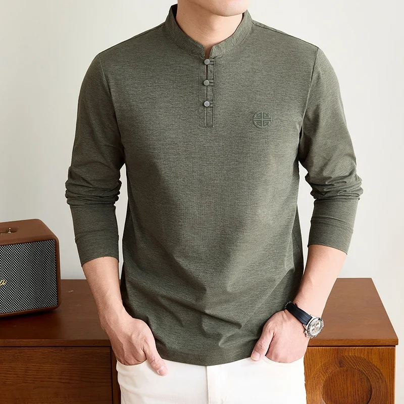 Mens Mandarin Collar Long Sleeve Tee Traditional Button Design Chest Emblem Smooth Stretchy Fabric Fashion Casual Tops For Men