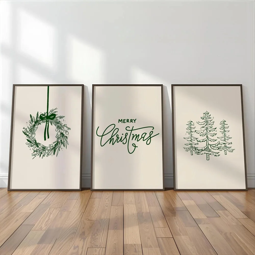 Frameless Minimalist Christmas Wall Art,Neutral Christmas Printable Green Winter Holiday Wall Decor,Living Room Home Decoration