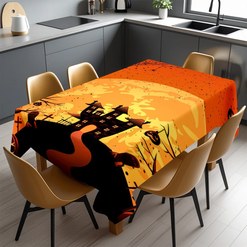 Halloween Tablecloth - Bright orange with bat, pumpkin and haunted house motifs for outdoor dining, farmhouse decoration