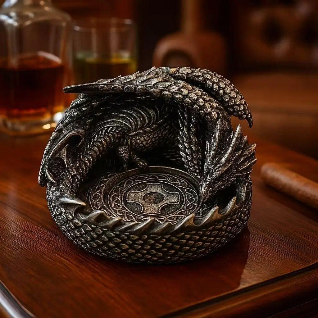 

Retro Fire Dragon Round Ashtray Creative Home Decoration Resin Craftsmanship Decoration Exquisite Desktop Home Ashtray