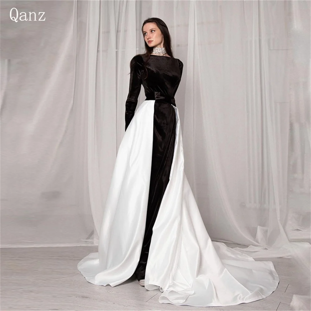 Qanz  Vinatge Evening Dresses Mermaid Long Sleeves Black And White Velour Wedding Party Dress Dresses For women 2023 New Fashion