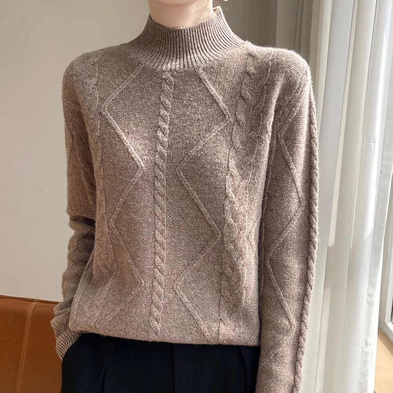 

New Women Knitting Pure Australian Wool Pullover Fashion Thick Loose Sweater Half height Neck High-quality Twisted flower tops