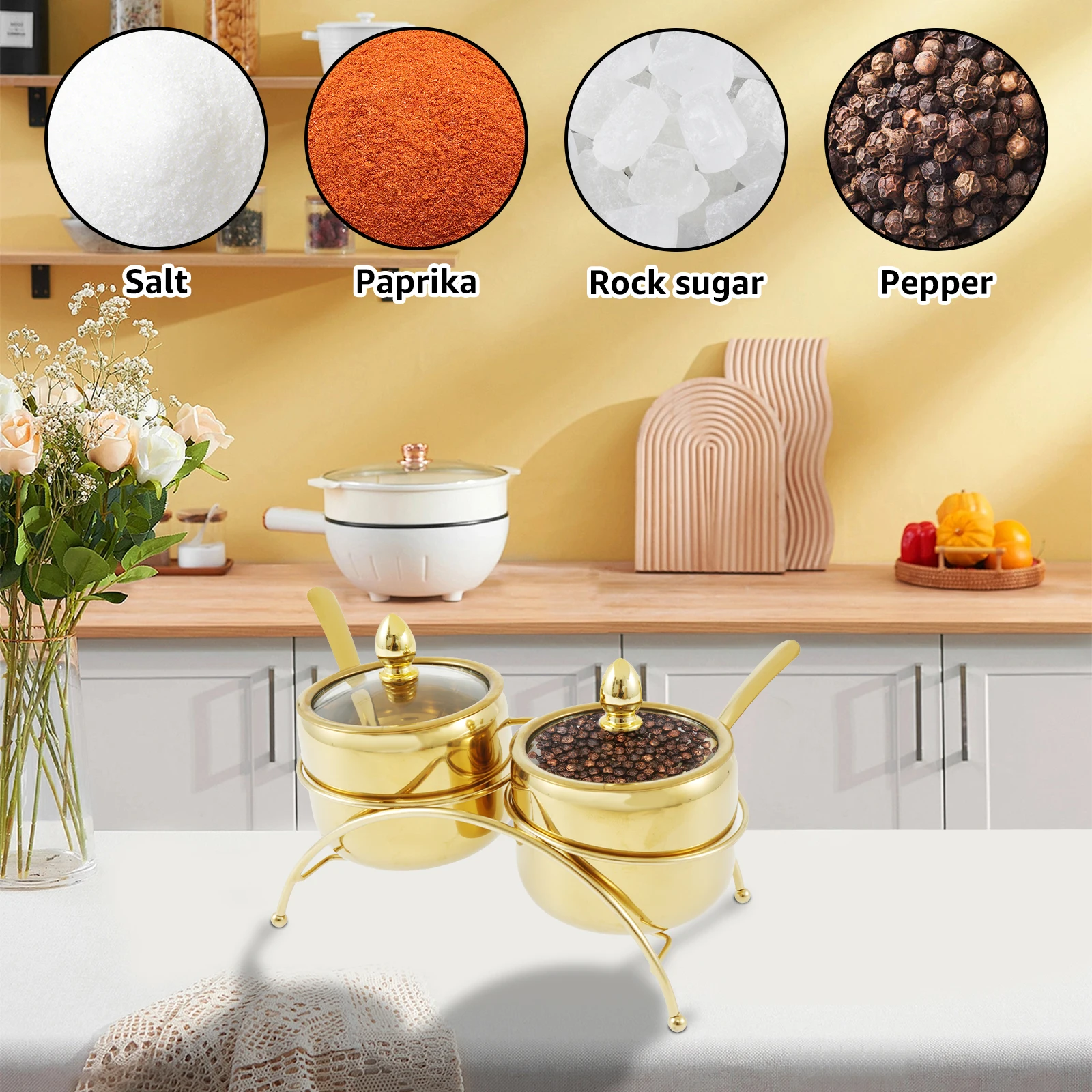 2 Pcs 304 Stainless Steel Sugar Bowl Set with Lid and Spoon Rust-proof Condiment Jar Seasoning Pot Containers Spices Storage Box