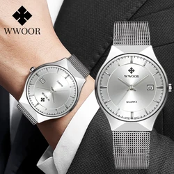 WWOOR-Reloj de pulsera de cuarzo para hombre, cronógrafo de lujo con correa de malla ultrafina, resistente al agua, de negocios, Masculino