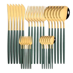 Green Gold Cutlery Set Mirror Dinnenrware Set Stainless Steel Flatware Dinner Knife Fork Spoon Tableware For Home Service for 6