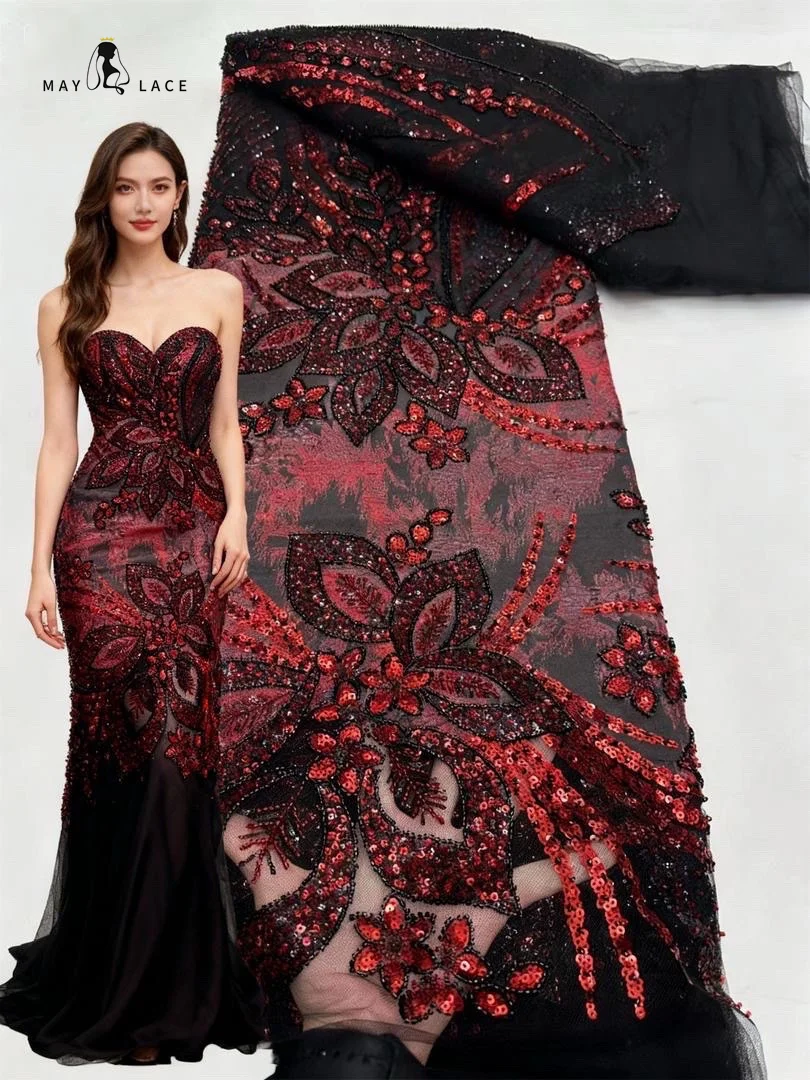 

African Nigerian French Groom Embroidery Tulle Sequins Lace Fabrics Beautiful Luxurious Heavy Beaded Chiffon Lace For Wedding