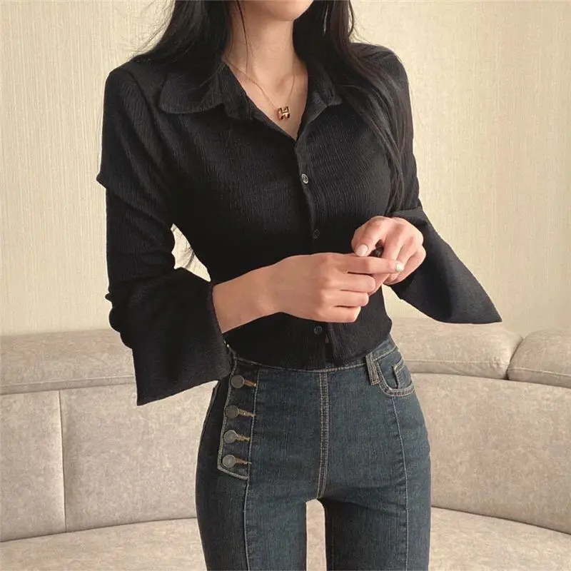 Flare Sleeve Women T-shirt Korean Style Y2k Crop Top Female Long Sleeve Tees Polo Tshirt Femme Solid Autumn T Shirt Clothes New