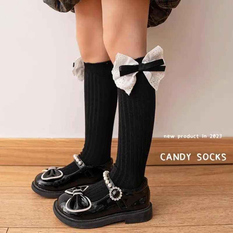 

652F Lovely Lace Bows Middle Calf Socks for Girls Comfortable Calf Length Socks for Dance Performances Festive Celebrations