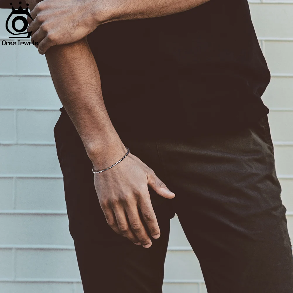 ORSA JEWELS 100% 925 Sterling Silver Italian 2.5mm Organic Cube Bead Chain Bracelet for Women Men Fashion Handmade Jewelry SB124