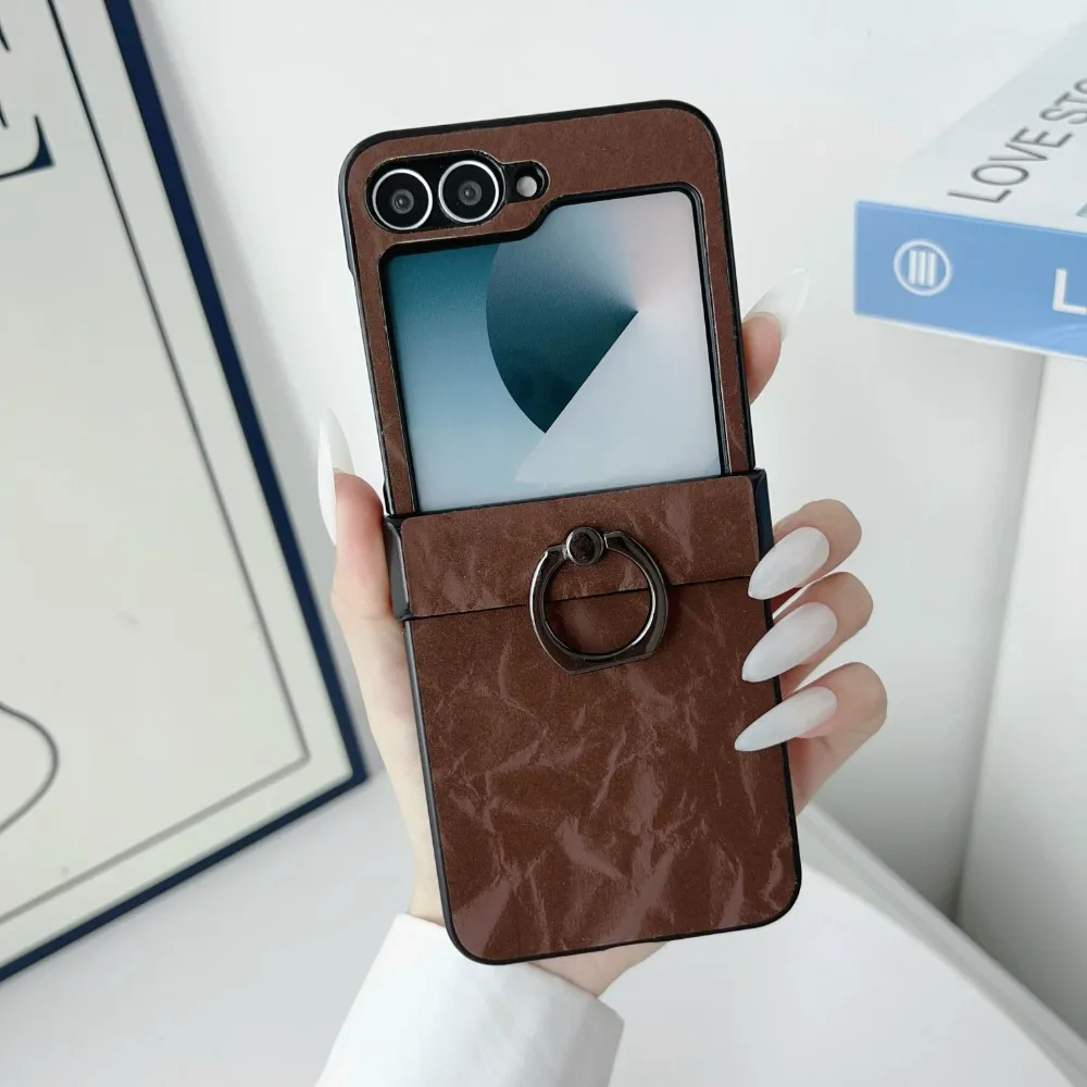 

Shell Patterned Leather Phone Case for Samsung Galaxy Z Flip 6 5 4 3 Flip6 Flip5 Flip4 Flip3 Ring Holder Hinge Protection Cover