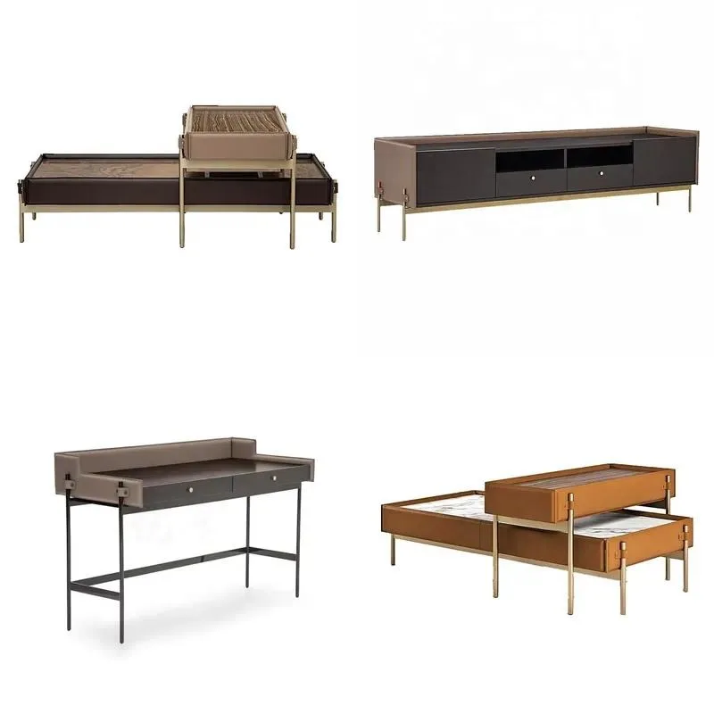 Modern Saddle Leather Coffee Table Metal Legs Central Side Table for Living Room