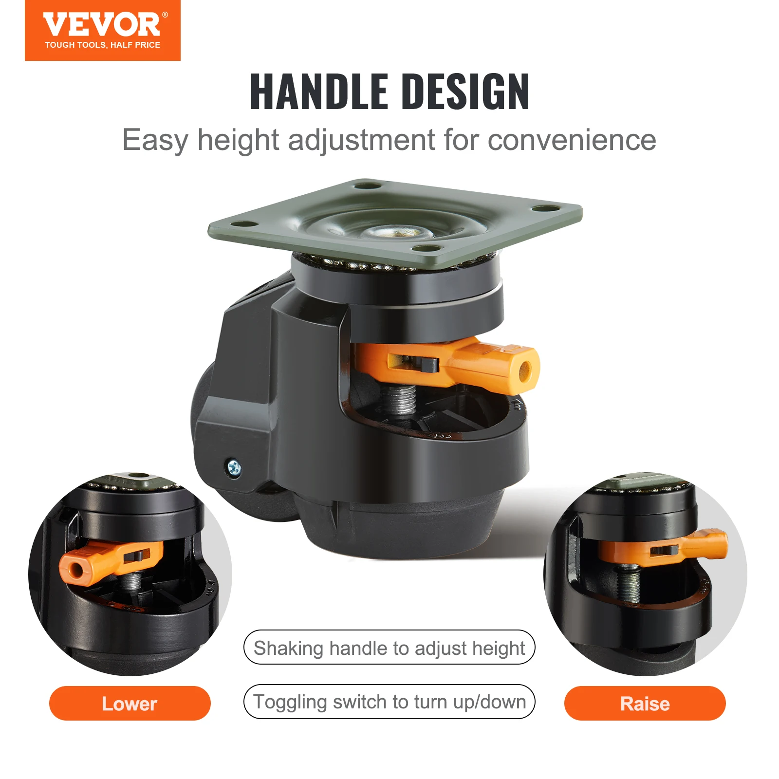 VEVOR Leveling Casters, Set of 4, 2200 lbs, 2.5 inches, Heavy Duty w/ Upgraded Handle Design, 360 Degree Swivel Caster Wheels