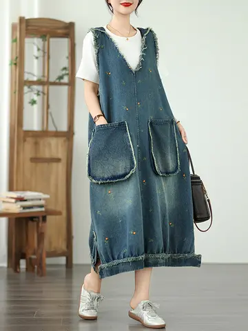 Embroidered Denim Vest Dress Women Summer Loose with Big Pockets V-Neck A-Line Midi Dress Retro Style Casual Fashionable