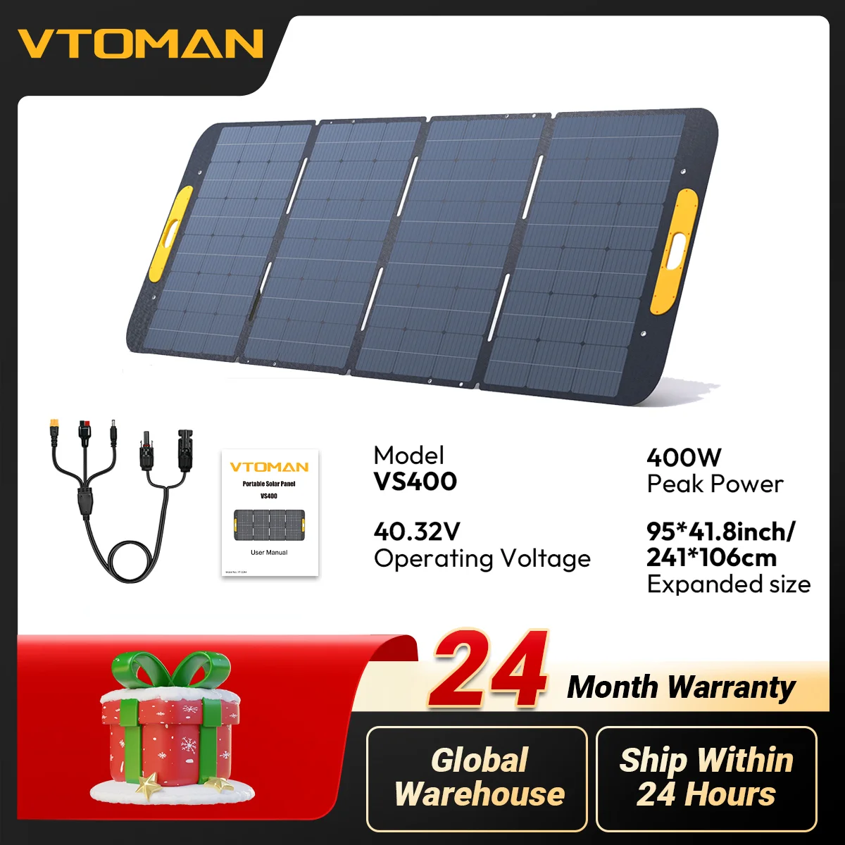 VTOMAN VS400W opvouwbaar zonnepaneel, 40,32V zonnelader met hoge conversie-efficiëntie voor buitenkamperen, campers en energiecentrales