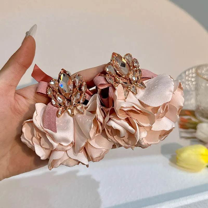 Bohemian Handmade Charm Crystal Cubic Zircon Fabric Flower Big Earrings Women Statement Exaggerated Earrings Fashion Accessories