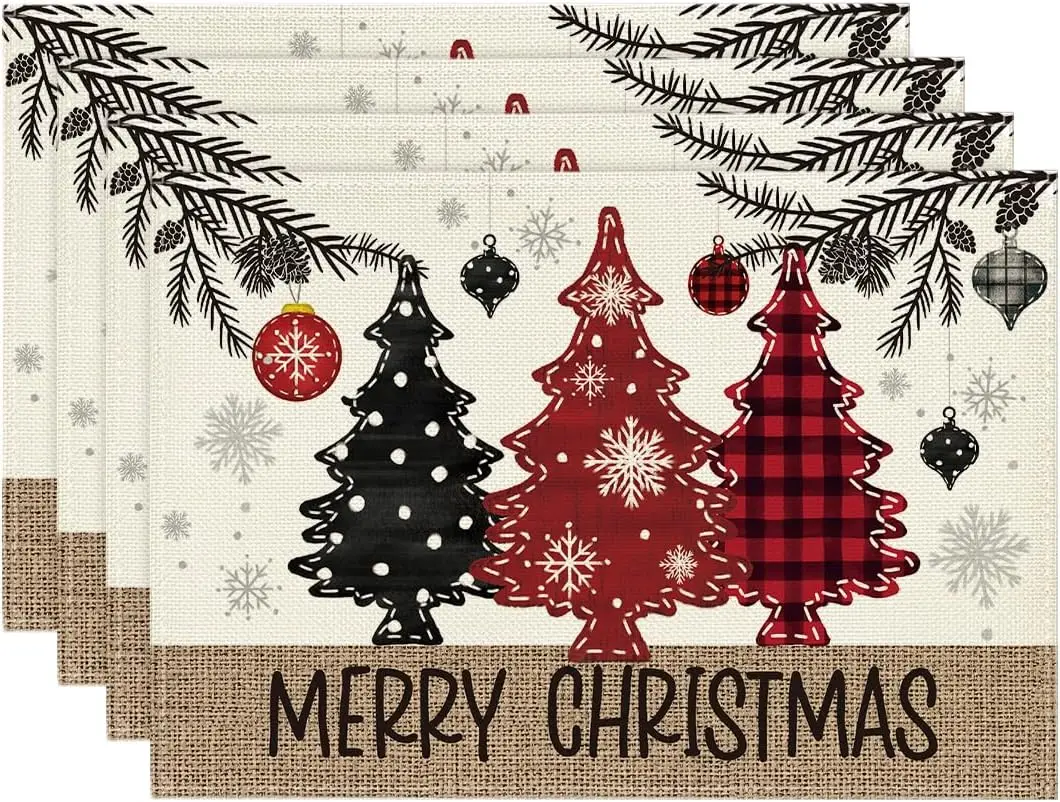 

Red Pine Trees Balls Merry Christmas Placemats Set of 4, 12x18 Inch Winter Xmas Table Mats for Party Kitchen Dining Decoration