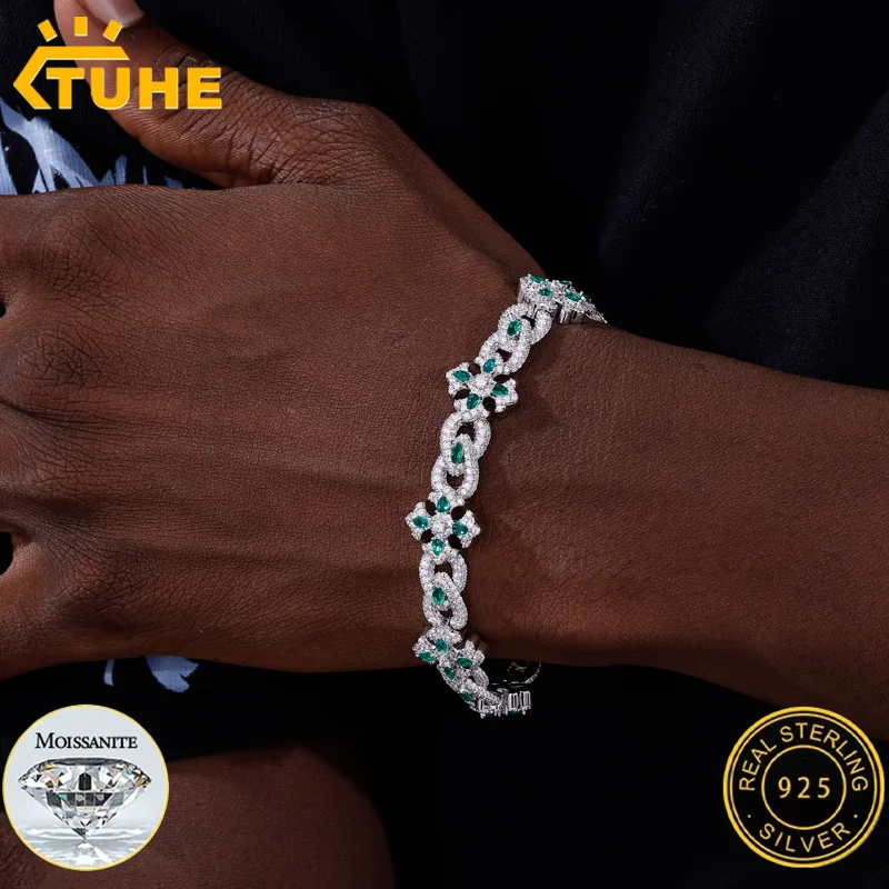 

TUHE Высокое качество Iced Out цветок браслет VVS1 Муассанит S925 цепь проход тест для мужчин женщин хип-поп ювелирные изделия подарок