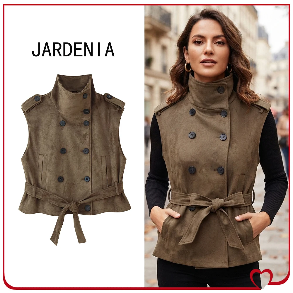 Vintage Women's Faux Suede Belted Vest Autumn Khaki Double Breasted Vest with Welt Pockets New High Neck Vest with Shoulder Tabs