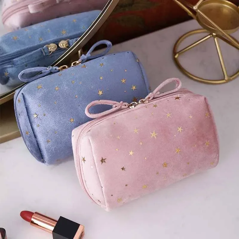 Bolsa de cosméticos con decoración de estrellas para mujer, bolsa de almacenamiento de maquillaje de terciopelo suave, bolsa de viaje, paquete de