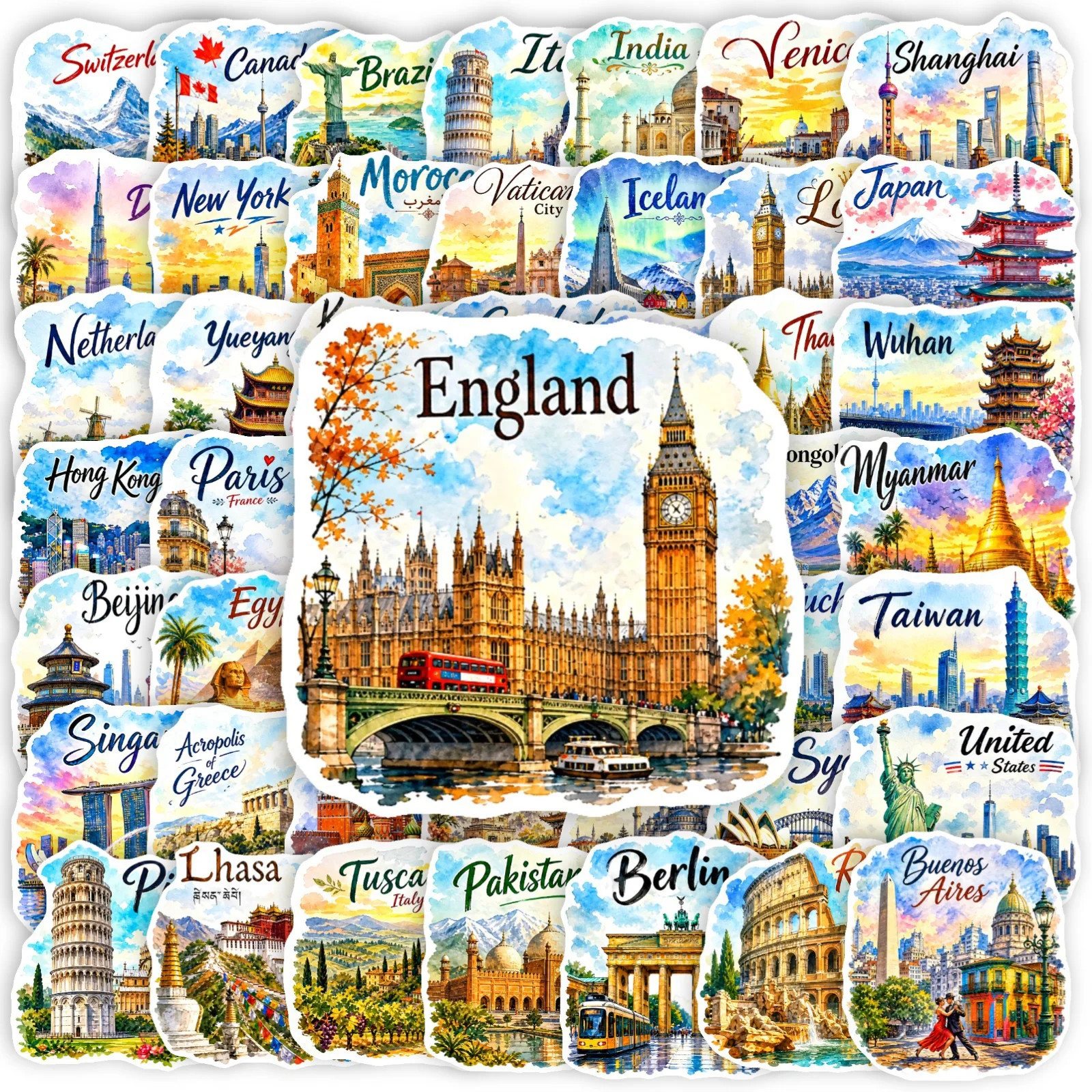 50PCS World Famous City Landmark Buildings Hand Drawn Travel Map Graffiti Stickers for Laptop Phone Waterproof Decals