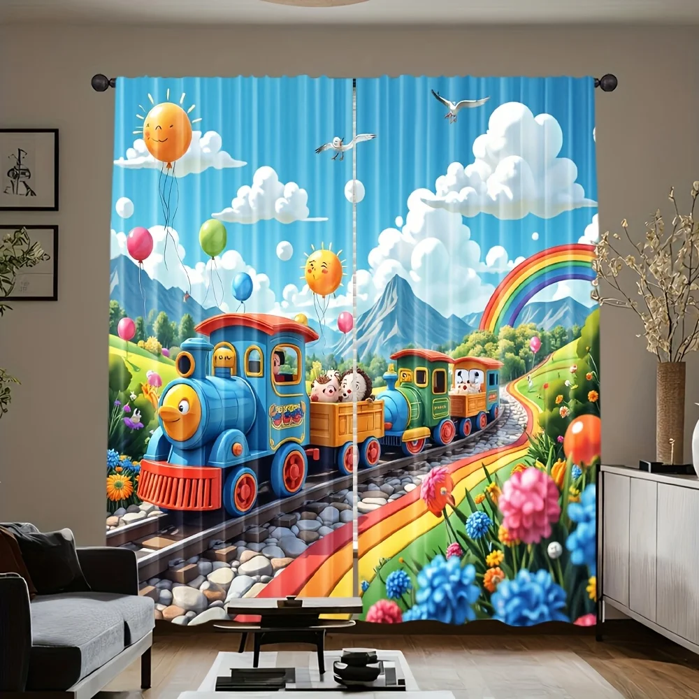 Cartoon Train Curtain, Kids Room Rainbow Cloud Print Drapes, Colorful Animal Steam Engine Window Curtains Nursery Blackout Decor