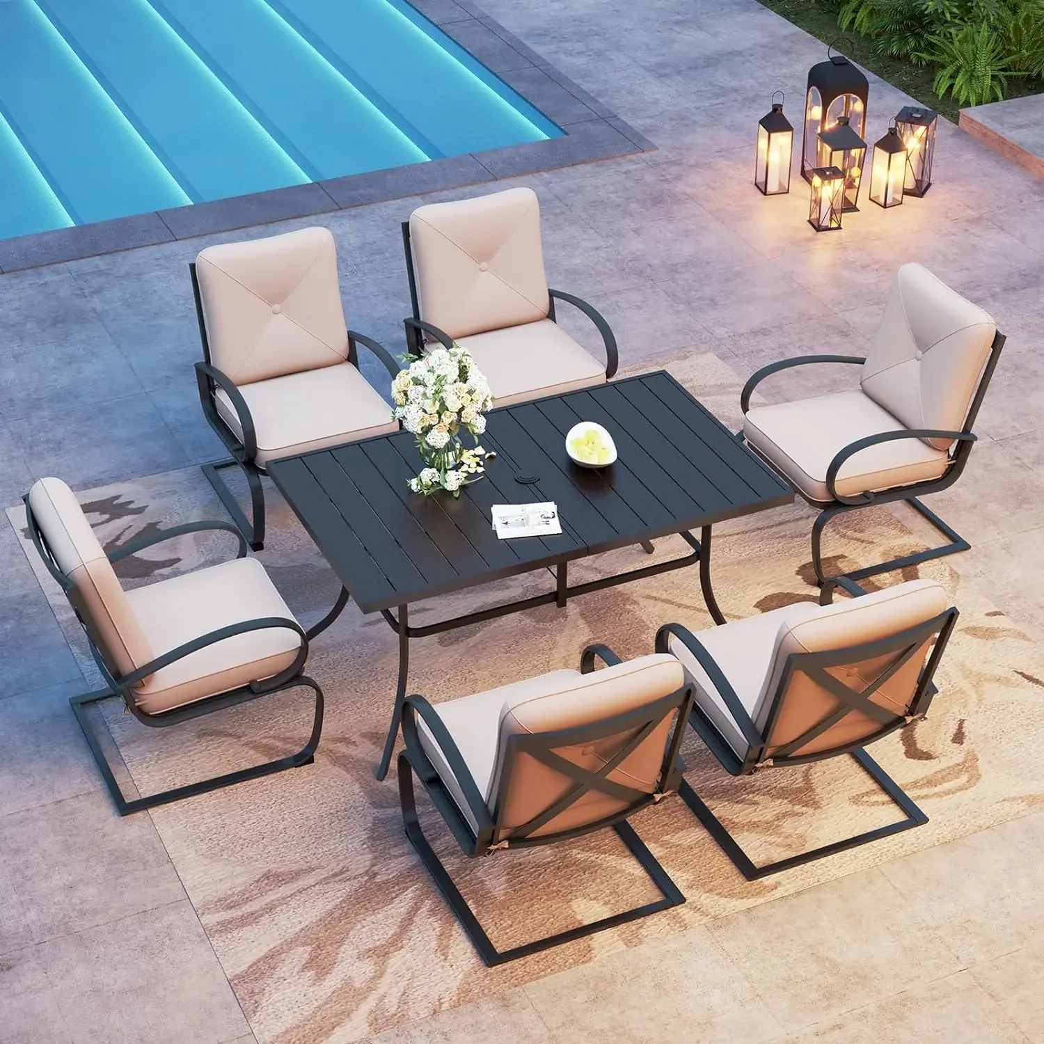 

7 Piece Patio Spring Dining Set Clearance for All Weather, Metal Dining Table with Umbrella Hole & Cushioned Dining Chairs