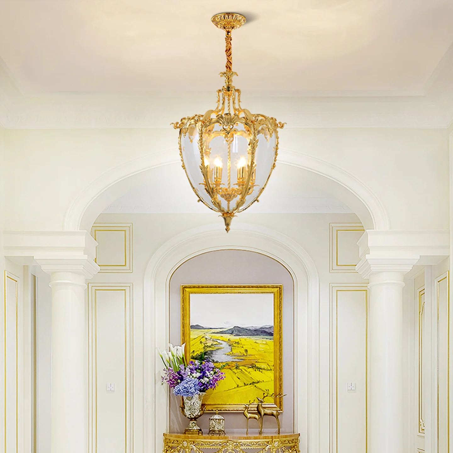 French Neo Classic Foyer Aisle Decorative Brass Small Pendant Light Apartment Stair Hallway Glass Single Pendant Lamp